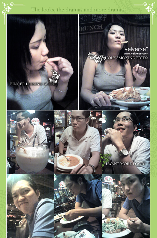 Everyone ordered their food. Well, for some reasons.. the ever punctual brian was late. Hahaha... Me, evan and gigi arrived and ordered our food. I still haven't have enough seafood, so I order the Friday's shrimp with the ultimate mudslide. Ah... yummy.. it tasted like chocolate milkshake but with kahlua and baileys in it with some chocolate chips. Super yummy *slurp*. Gigi obviously dives in to the bacon cheeseburger while evan indulge in to seafood platter *splash*. Brian and Jon decided to dine on something light. Hahaha.. they say they are still full from the trip. Hahaha... Jon just had soup while brian becomes a rabbit munching on his salad.
