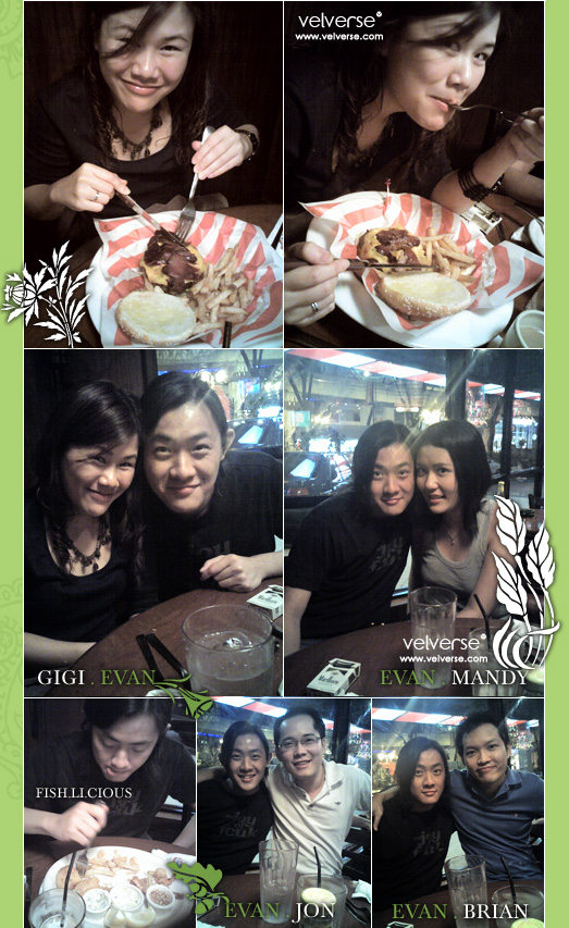 Everyone ordered their food. Well, for some reasons.. the ever punctual brian was late. Hahaha... Me, evan and gigi arrived and ordered our food. I still haven't have enough seafood, so I order the Friday's shrimp with the ultimate mudslide. Ah... yummy.. it tasted like chocolate milkshake but with kahlua and baileys in it with some chocolate chips. Super yummy *slurp*. Gigi obviously dives in to the bacon cheeseburger while evan indulge in to seafood platter *splash*. Brian and Jon decided to dine on something light. Hahaha.. they say they are still full from the trip. Hahaha... Jon just had soup while brian becomes a rabbit munching on his salad.