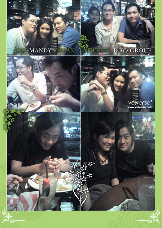 Everyone ordered their food. Well, for some reasons.. the ever punctual brian was late. Hahaha... Me, evan and gigi arrived and ordered our food. I still haven't have enough seafood, so I order the Friday's shrimp with the ultimate mudslide. Ah... yummy.. it tasted like chocolate milkshake but with kahlua and baileys in it with some chocolate chips. Super yummy *slurp*. Gigi obviously dives in to the bacon cheeseburger while evan indulge in to seafood platter *splash*. Brian and Jon decided to dine on something light. Hahaha.. they say they are still full from the trip. Hahaha... Jon just had soup while brian becomes a rabbit munching on his salad.